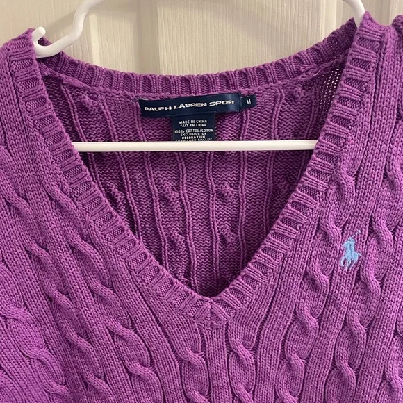 Ralph Lauren Purple Cable Knit V-Neck Cotton Sweater - Picture 14 of 16
